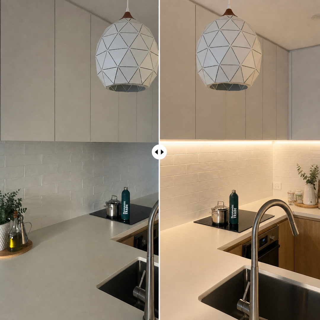 Before and after under cabinet lighting showing improved visibility with LED strip lighting in a modern kitchen