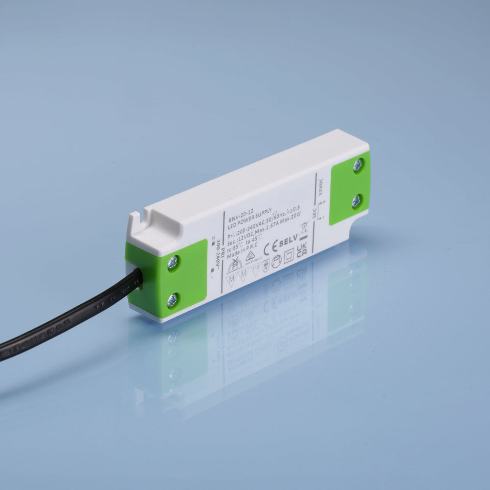Rectangular 20W electronic component with green and white design on a light blue background