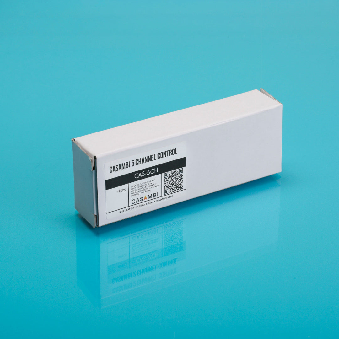 White box with 'Casambi 6 Channel Control' label on a blue background