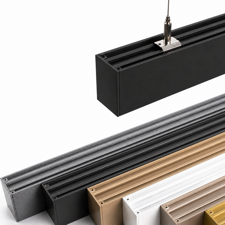 Set of metal linear pendant light profiles in black, monument, white, hammertone and gold on a white background