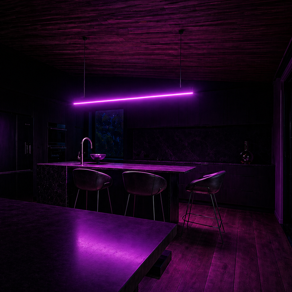Modern kitchen with purple neon linear 240cm light fixture in a dark setting