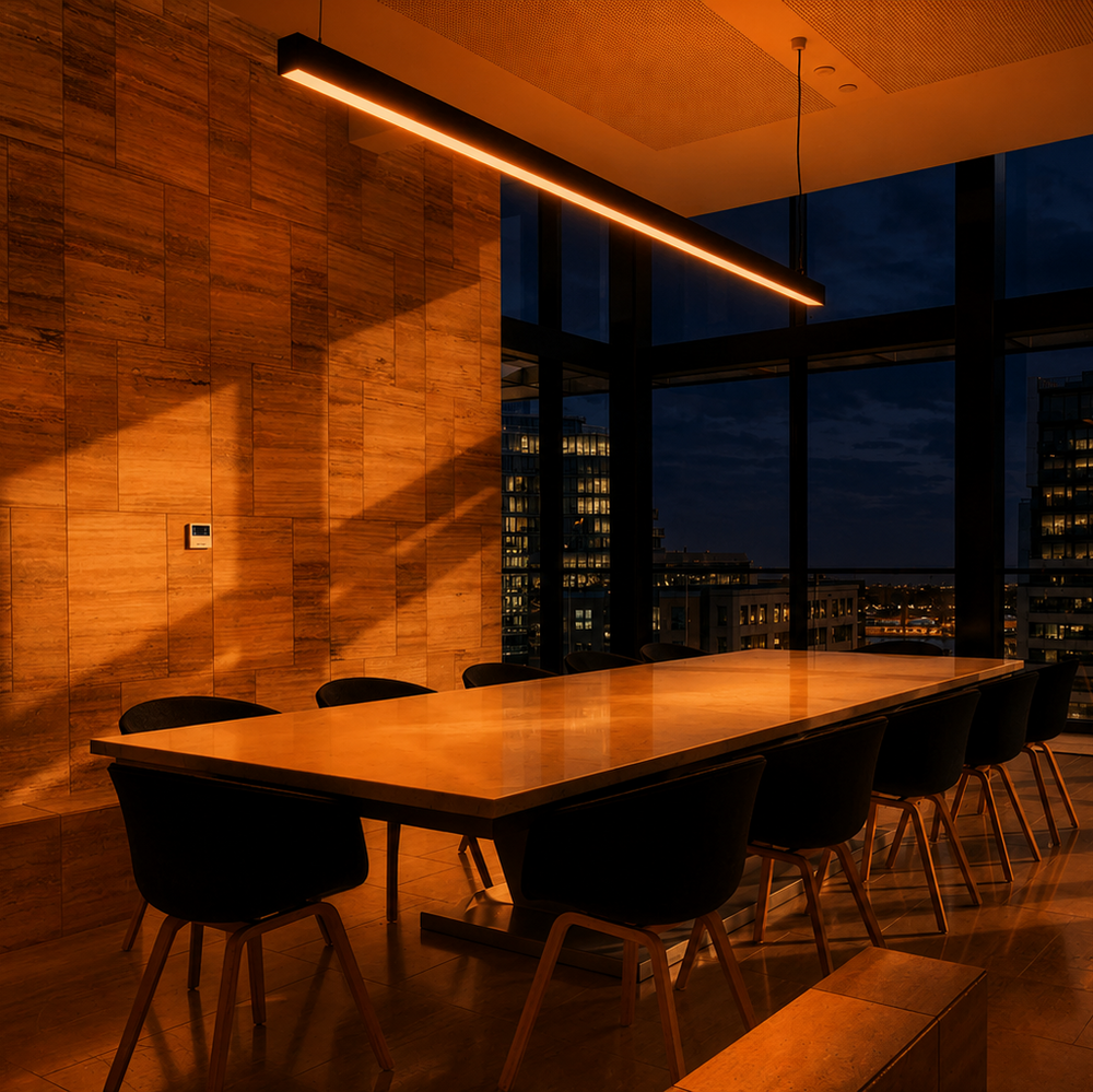 Modern conference room with wooden table and chairs, large window view at night with rgb linear 3m pendant 