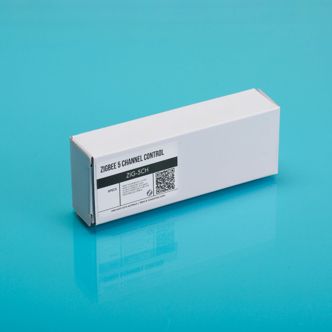 White box with 'Zigbee 5 Channel Control' label on a blue background smart-controller-LED-strip