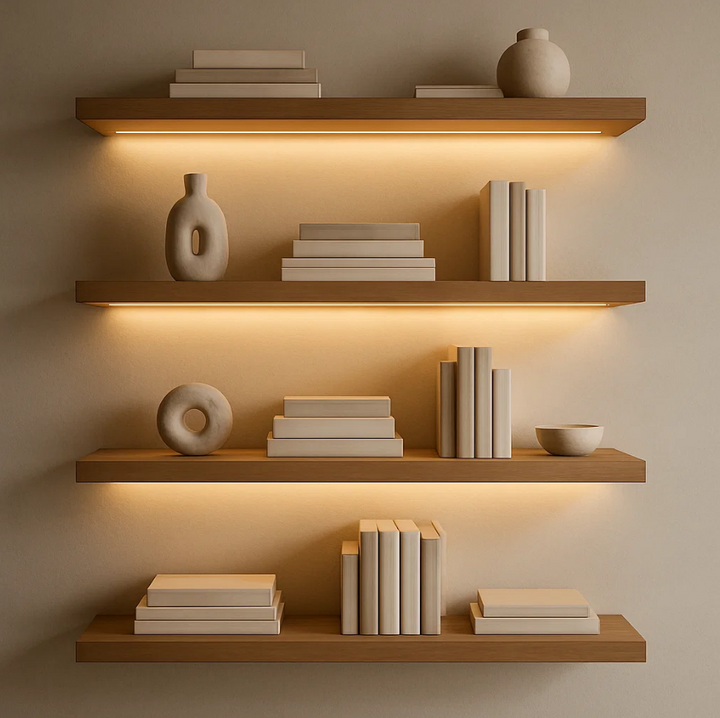 Wooden shelves with books and decorative items against a beige wall